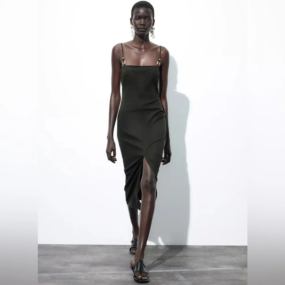 Zara Women Forest Green‎ Linen Blend Midi Dress Bead Strap 2157/040/507 NWT S